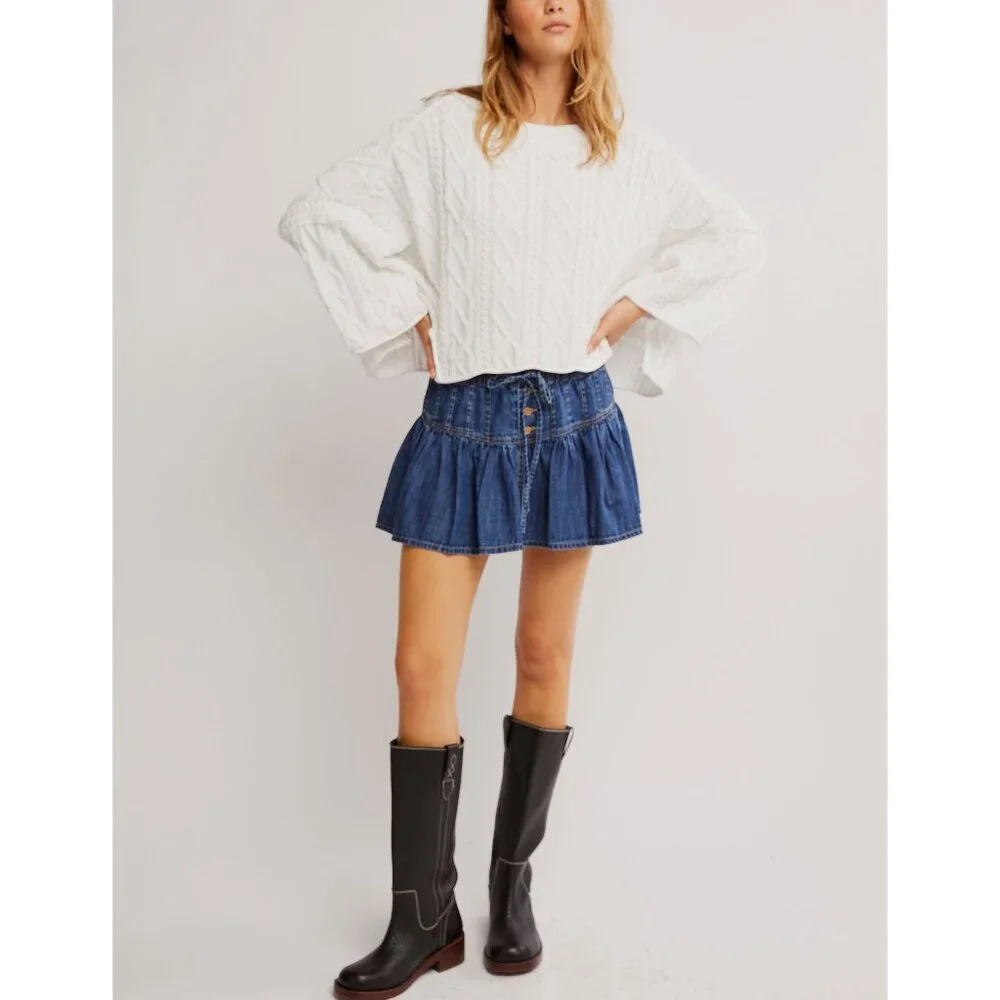 Free People White Cable Knit Crewneck Sweater